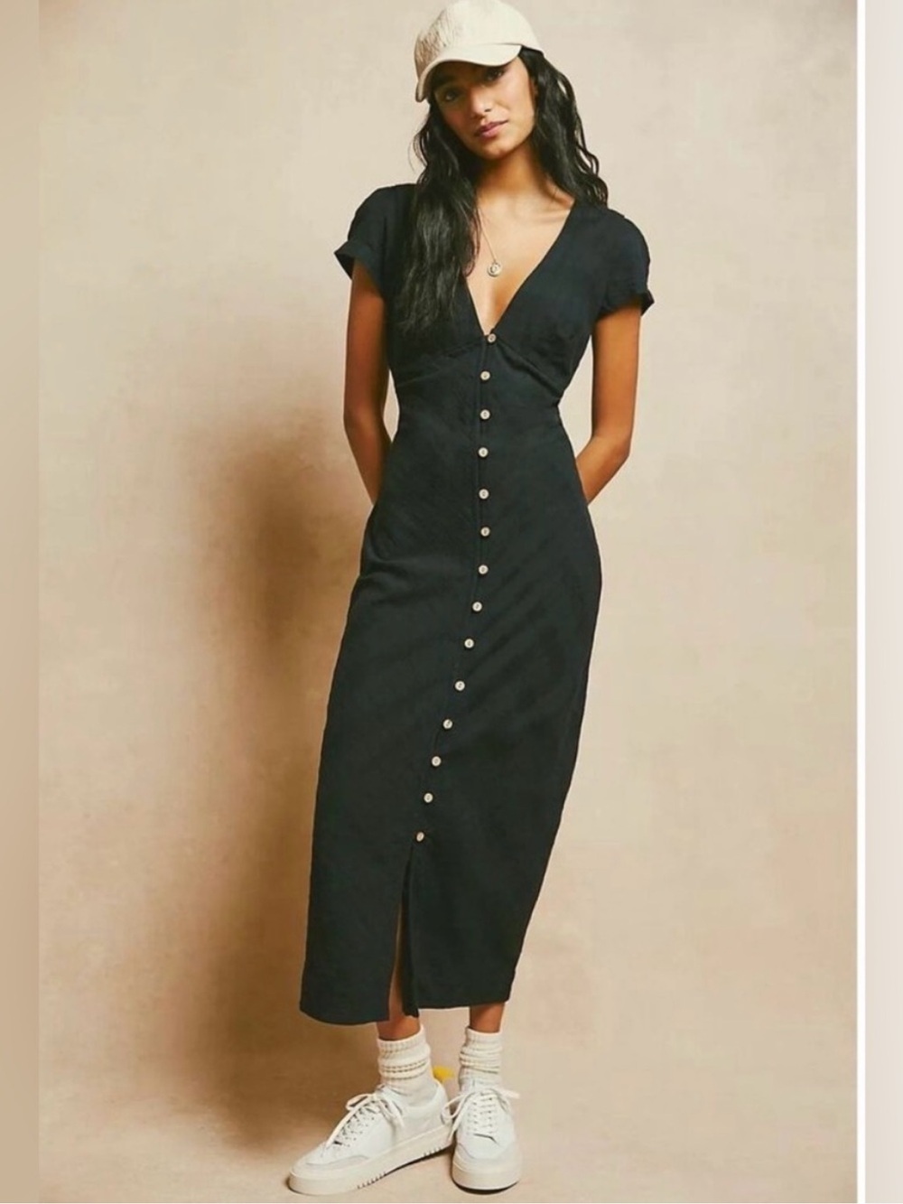 Free People New In Town Black Button-Front Midi Dress 100% Cotton